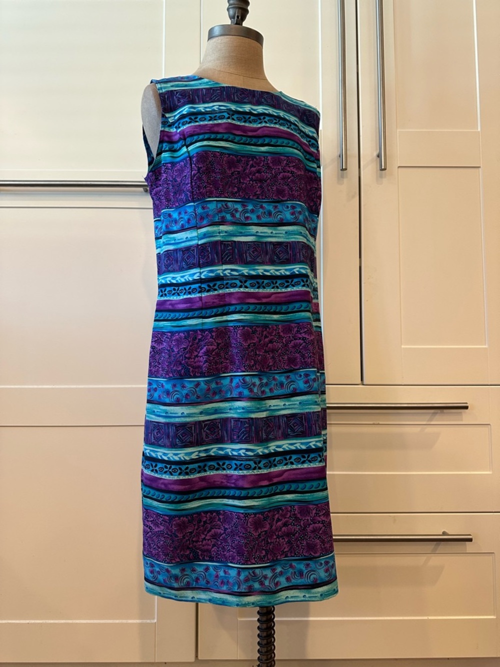 Sag Harbor Teal and Purple Geometric Striped Sleeveless Shift Dress